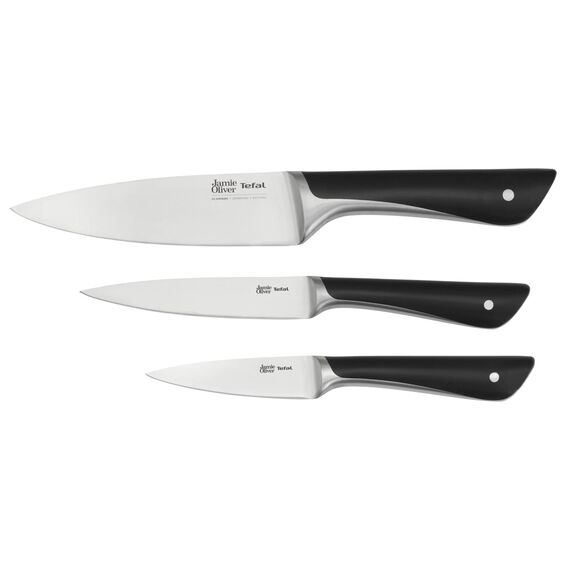 Tefal Jamie Oliver 3-teiliges Messerset, Kochmesser, Universalmesser, Schälmesser, hohe Schneideleistung, unverwechselbares Design, widerstandsfähige Klingen, Edelstahl, schwarz, K267S355