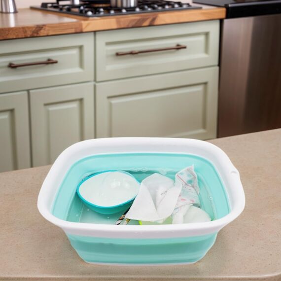 SAMMART 7.7L Collapsible Tub - Foldable Dish Tub - Portable Washing Basin - Space Saving Plastic Washtub (White/Lake Green, small)