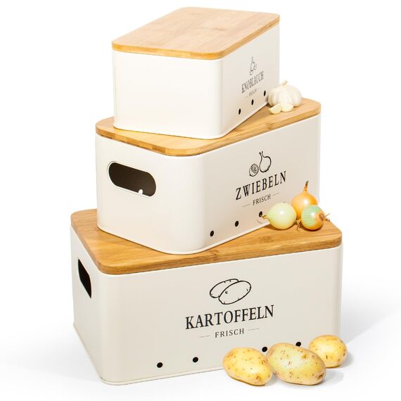 Theo&Cleo Kartoffel Aufbewahrungsbox, Vorratsdose 3er Set, Küche Aufbewahrung für Kartoffeln, Zwiebeln & Knoblauch, Hält länger frisch (Matt Beige)