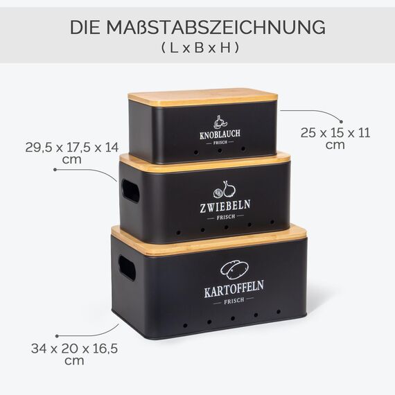 Theo&Cleo Kartoffel Aufbewahrungsbox, Vorratsdose 3er Set, Küche Aufbewahrung für Kartoffeln, Zwiebeln & Knoblauch, Hält länger frisch (Matt Schwarz)