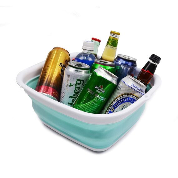 SAMMART 7.7L Collapsible Tub - Foldable Dish Tub - Portable Washing Basin - Space Saving Plastic Washtub (White/Lake Green, small)