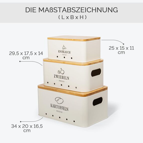 Theo&Cleo Kartoffel Aufbewahrungsbox, Vorratsdose 3er Set, Küche Aufbewahrung für Kartoffeln, Zwiebeln & Knoblauch, Hält länger frisch (Matt Beige)