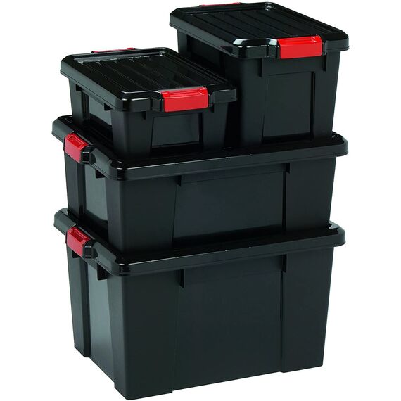 Iris Ohyama, Aufbewahrungsboxen aus Kunststoff mit Deckel und Clipverschluss, 21L, 3er Set, nestbar, BPA-frei, Dachboden, Schuppen, Garage, SK-210, Schwarz