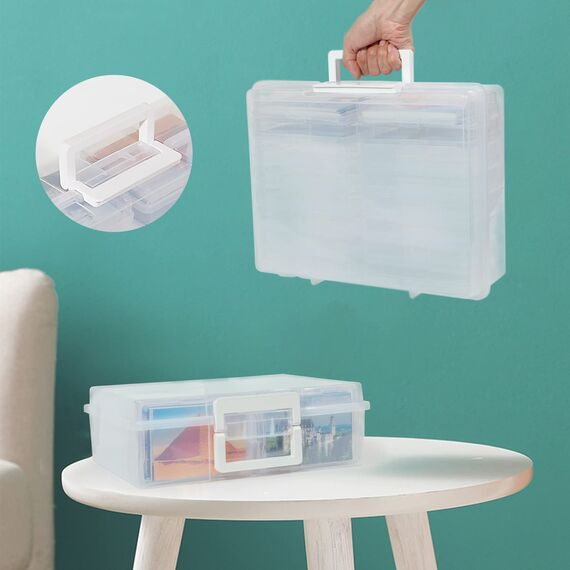 GREELUE Fotobox, Sortierboxen für Kleinteile, 32 innere Fotohalter, Aufbewahrungsbox Transparent für Postkarten, Fotos, Spielzeug (Transparent-32)