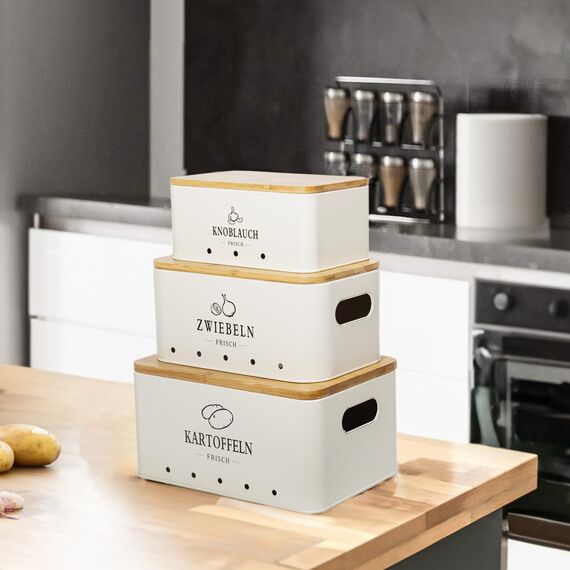 Theo&Cleo Kartoffel Aufbewahrungsbox, Vorratsdose 3er Set, Küche Aufbewahrung für Kartoffeln, Zwiebeln & Knoblauch, Hält länger frisch (Matt Beige)