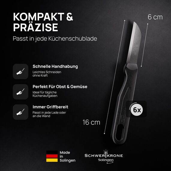Schwertkrone® Schälmesser 6er Set [MADE IN SOLINGEN - GERMANY] - Gemüsemesser Obstmesser - Küchenmesser klein scharf - Schneidemesser Kartoffelschälmesser - Allzweckmesser (6x bunt - 6cm Klinge)