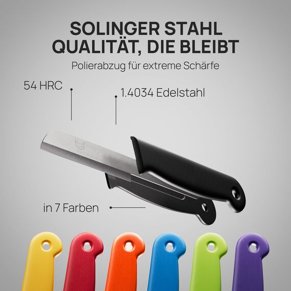 Schwertkrone® Schälmesser 7er Set [MADE IN SOLINGEN - GERMANY] - Gemüsemesser Obstmesser - Küchenmesser klein scharf - Schneidemesser Kartoffelschälmesser - Allzweckmesser (7x bunt - 6cm Klinge)