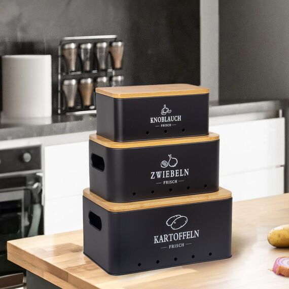 Theo&Cleo Kartoffel Aufbewahrungsbox, Vorratsdose 3er Set, Küche Aufbewahrung für Kartoffeln, Zwiebeln & Knoblauch, Hält länger frisch (Matt Schwarz)