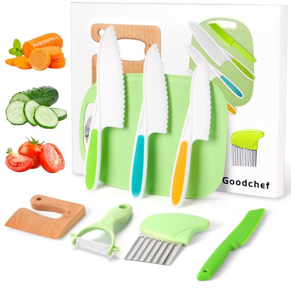 Goodchef Kindermesser 8-teiliges Holzmesser Set,Montessori Messer für Kindermesser ab 2 Jahren, BPA-frei, kinder sicheres Lernmesser,Geschenkidee für kleine Köche(Krokodil)