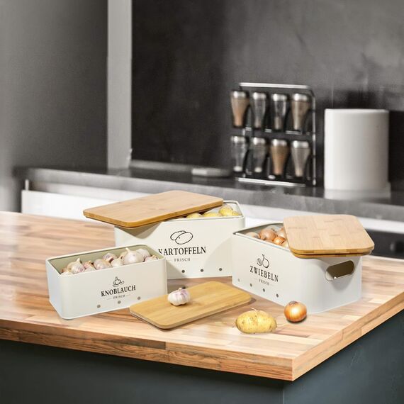 Theo&Cleo Kartoffel Aufbewahrungsbox, Vorratsdose 3er Set, Küche Aufbewahrung für Kartoffeln, Zwiebeln & Knoblauch, Hält länger frisch (Matt Beige)