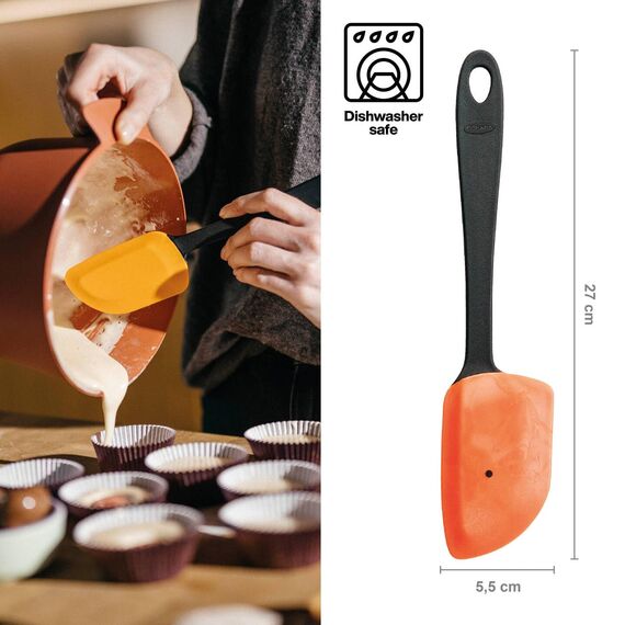 Fiskars Teigschaber für Temperaturen bis 180 °C, Essential, Kunststoff/Silikon, Länge 25 cm, Schwarz/Orange, 1065591