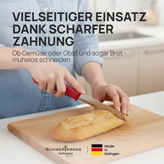 Schwertkrone® Tomatenmesser Obst- & Gemüsemesser 6er Set [MADE IN SOLINGEN - GERMANY] - Küchenmesser klein scharf - Schneidemesser Schälmesser Sägemesser - Allzweckmesser (Gezahnte Klinge: 9,0cm)