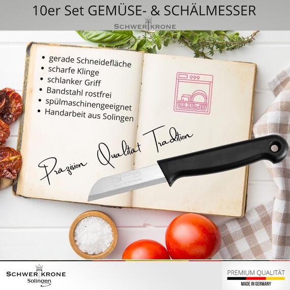Schwertkrone® Schälmesser 10er Set [MADE IN SOLINGEN - GERMANY] - Gemüsemesser Obstmesser - Küchenmesser klein scharf - Schneidemesser Kartoffelschälmesser - Allzweckmesser (10x schwarz - 6cm Klinge)