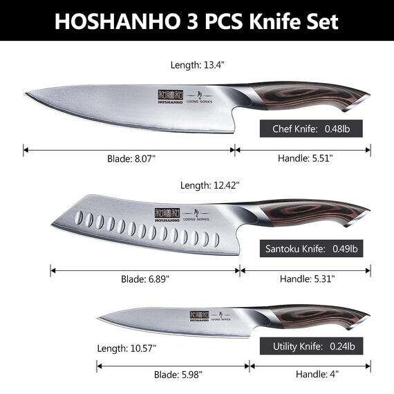 HOSHANHO Messerset 3 teilig, Küchenmesser set aus Edelstahl, Messer Kochmesser Set Professionelles mit Kochmesser, Santoku Messer, Utility Messer
