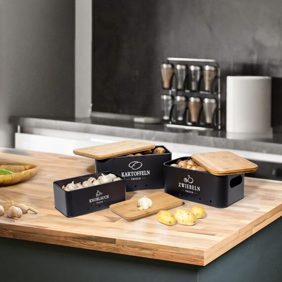 Theo&Cleo Kartoffel Aufbewahrungsbox, Vorratsdose 3er Set, Küche Aufbewahrung für Kartoffeln, Zwiebeln & Knoblauch, Hält länger frisch (Matt Schwarz)