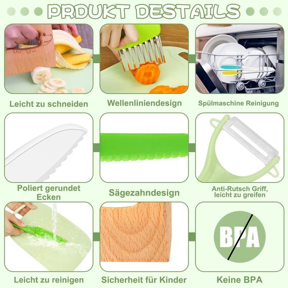 Goodchef Kindermesser 8-teiliges Holzmesser Set,Montessori Messer für Kindermesser ab 2 Jahren, BPA-frei, kinder sicheres Lernmesser,Geschenkidee für kleine Köche(Krokodil)