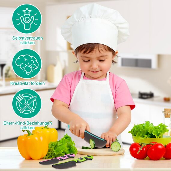 Kindermesser- 3-teilig, Montessori Kindermesser ab 2 Jahren, BPA-frei & sicher, Lernset mit Keramik-Schäler und austauschbarer Kunststoff Klinge, Kinder kochset, Geschenk für Kinderküche