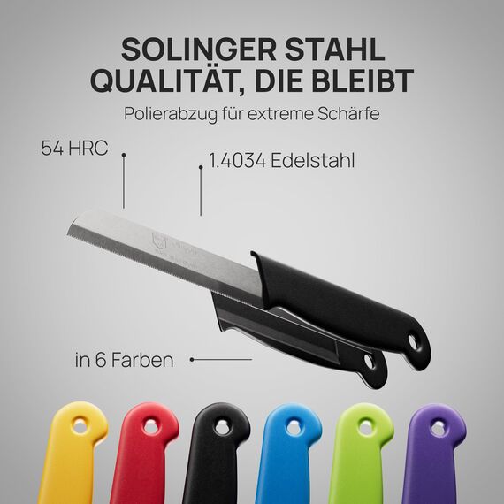 Schwertkrone® Tomatenmesser Obst- & Gemüsemesser 6er Set [MADE IN SOLINGEN - GERMANY] - Küchenmesser klein scharf - Schneidemesser Schälmesser Sägemesser - Allzweckmesser (Gezahnte Klinge: 9,0cm)