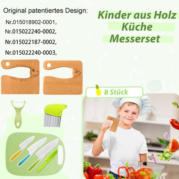 Goodchef Kindermesser 8-teiliges Holzmesser Set,Montessori Messer für Kindermesser ab 2 Jahren, BPA-frei, kinder sicheres Lernmesser,Geschenkidee für kleine Köche(Krokodil)