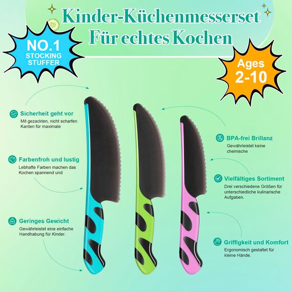 Kindermesser- 3-teilig, Montessori Kindermesser ab 2 Jahren, BPA-frei & sicher, Lernset mit Keramik-Schäler und austauschbarer Kunststoff Klinge, Kinder kochset, Geschenk für Kinderküche
