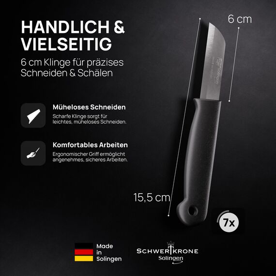 Schwertkrone® Schälmesser 7er Set [MADE IN SOLINGEN - GERMANY] - Gemüsemesser Obstmesser - Küchenmesser klein scharf - Schneidemesser Kartoffelschälmesser - Allzweckmesser (7x bunt - 6cm Klinge)