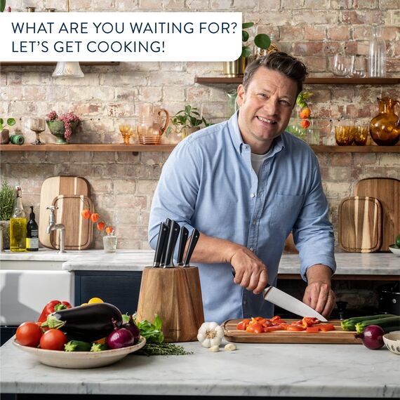 Tefal Jamie Oliver 7-teiliger Messerblock, 6 Küchenmesser + Akazienholz Messerblock, hohe Schneideleistung, unverwechselbares Design, widerstandsfähige und langlebige Klingen, Braun/Schwarz, K267S7