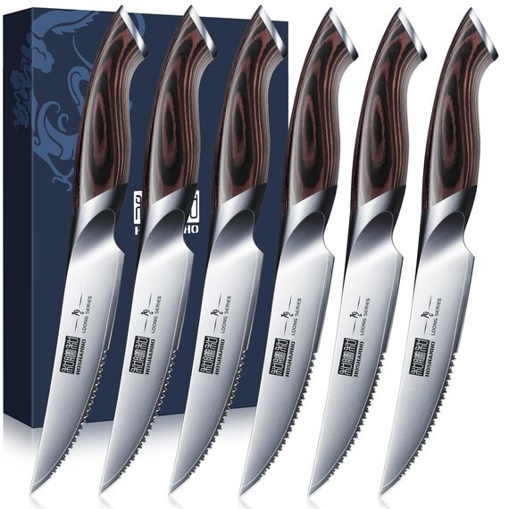 HOSHANHO Steakmesser 6-Teilig Set, Hochwertige Edelstahl Küchen Steakbesteck, Scharfe Gezahnte Steak Messerset mit Ergonomischem Griff