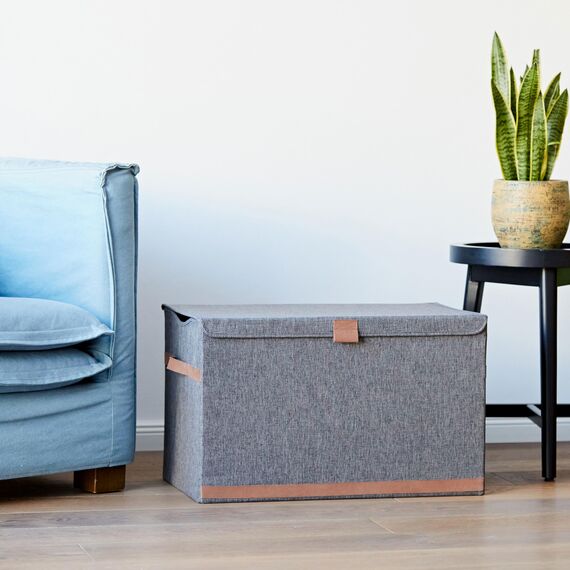 LOVE IT STORE IT Premium Aufbewahrungsbox mit Deckel groß - Truhe aus Leinen - Verstärkt mit Holz - Extra stabil - Grau - 62x37,5x39 cm