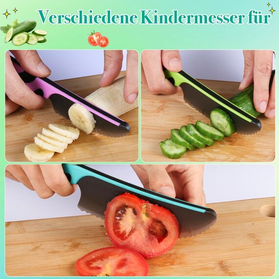 Kindermesser- 3-teilig, Montessori Kindermesser ab 2 Jahren, BPA-frei & sicher, Lernset mit Keramik-Schäler und austauschbarer Kunststoff Klinge, Kinder kochset, Geschenk für Kinderküche