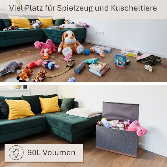 LOVE IT STORE IT Premium Aufbewahrungsbox mit Deckel groß - Truhe aus Leinen - Verstärkt mit Holz - Extra stabil - Grau - 62x37,5x39 cm