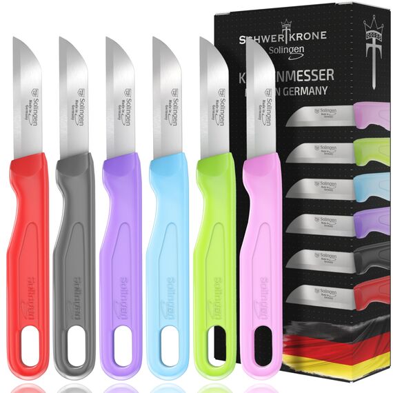 Schwertkrone® Schälmesser 6er Set [MADE IN SOLINGEN - GERMANY] - Gemüsemesser Obstmesser - Küchenmesser klein scharf - Schneidemesser Kartoffelschälmesser - Allzweckmesser (6x bunt - 6cm Klinge)