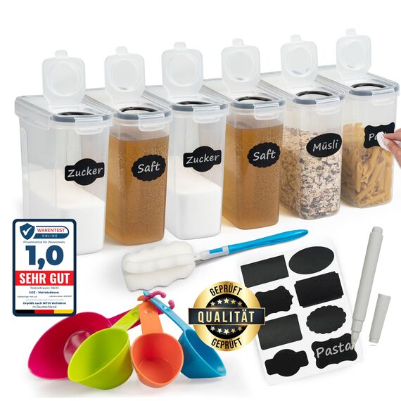 Soz® 2,5L 6er Vorratsdosen Starter-Set mit Deckel - BPA-frei, luftdicht, geruchsneutral, stapelbar, mottensicher - Mehl-Schütt-Dose - Küchen-Aufbewahrungs-Box im 6er Set (6)