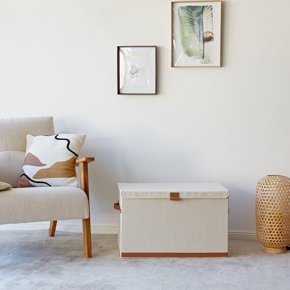 LOVE IT STORE IT Premium Große Aufbewahrungsbox mit Deckel - Truhe für Wohnzimmer - Aus hochwertigem Stoff - Extra stabil - Beige - 62x37,5x39 cm