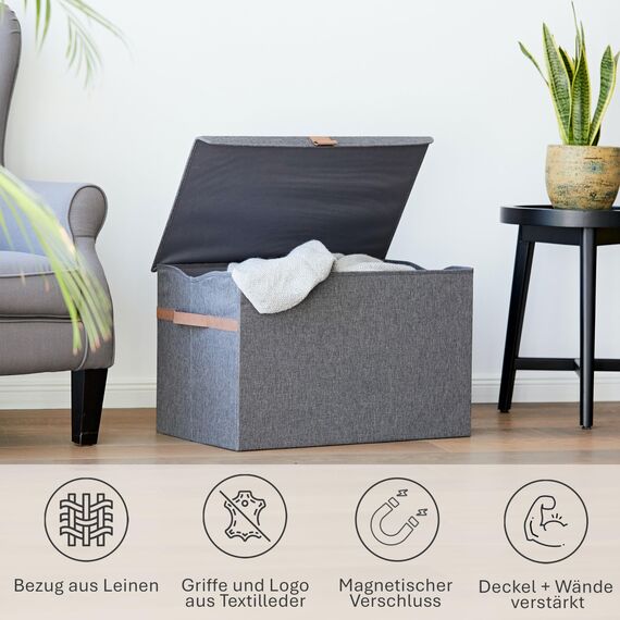 LOVE IT STORE IT Premium Aufbewahrungsbox mit Deckel groß - Truhe aus Leinen - Verstärkt mit Holz - Extra stabil - Grau - 62x37,5x39 cm