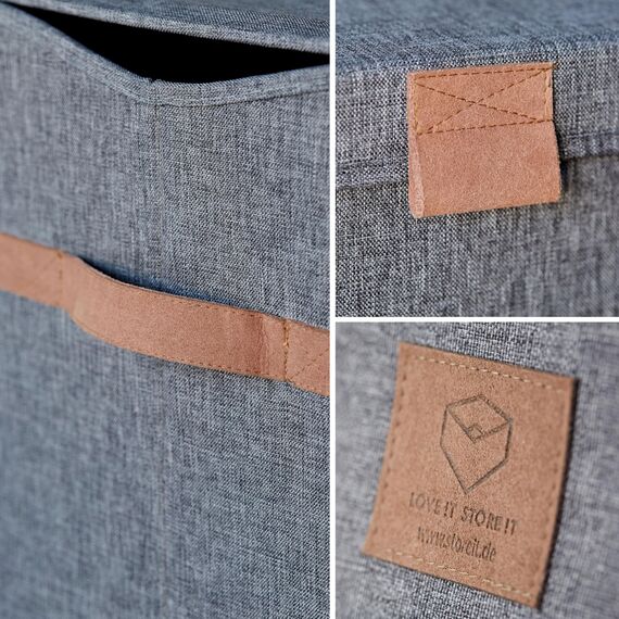 LOVE IT STORE IT Premium Aufbewahrungsbox mit Deckel groß - Truhe aus Leinen - Verstärkt mit Holz - Extra stabil - Grau - 62x37,5x39 cm