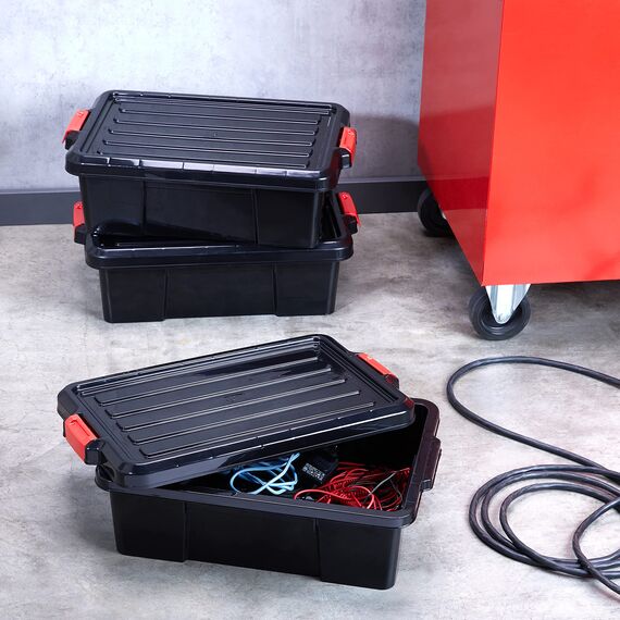 Iris Ohyama, Kunststoffboxen mit Deckel und Clip-Verschluss, 25L, 3er Set, nestbar, BPA-frei, Dachboden, Schuppen, Garage, SK-230, Schwarz