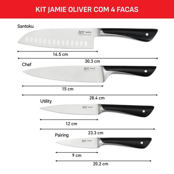 Tefal Jamie Oliver 4-teiliges Messerset, Kochmesser, Santokumesser, Universalmesser, Schälmesser, unverwechselbares Design, eisgehärtet, widerstandsfähige Klingen, Edelstahl/Schwarz, K267S4