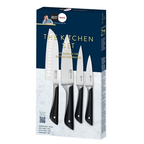 Tefal Jamie Oliver 4-teiliges Messerset, Kochmesser, Santokumesser, Universalmesser, Schälmesser, unverwechselbares Design, eisgehärtet, widerstandsfähige Klingen, Edelstahl/Schwarz, K267S4