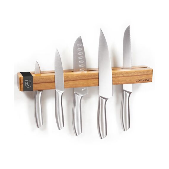 Coninx Magnetischer Messerhalter aus Akazienholz – 40 cm Messerleiste zur Wandmontage mit Schrauben und Dübeln – Starke Magnetleiste mit Doppelter Magnetreihe für Küchenmesser