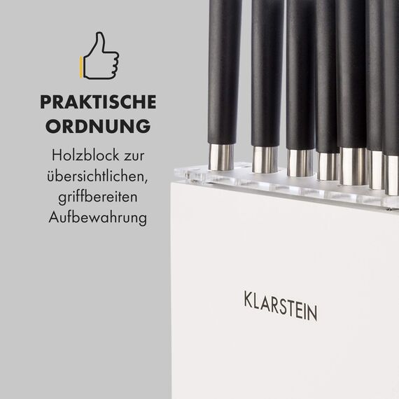 Klarstein 7-Teiliges Messer-Set mit Block, Küchenmesser, Holz-Messerblock & Schneidebrett, Scharfes Edelstahl, Kratzfest, Japanisch Inspiriertes Messerset mit Block, Weiß