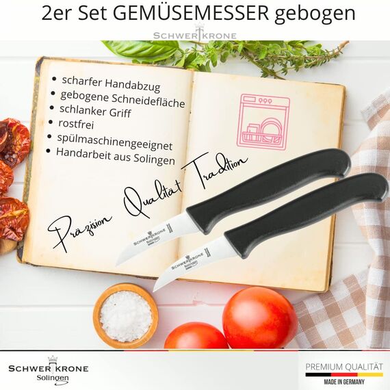 Schwertkrone® Schälmesser gebogen 2er Set [MADE IN SOLINGEN - GERMANY] - Gemüsemesser Obstmesser - Küchenmesser klein scharf - Schneidemesser Kartoffelschälmesser - Allzweckmesser (2x6cm gebogen)