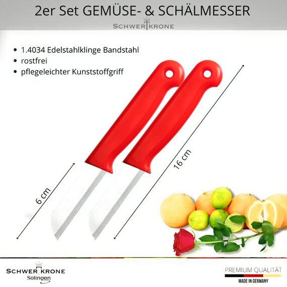 Schwertkrone® Schälmesser 2er Set [MADE IN SOLINGEN - GERMANY] - Gemüsemesser Obstmesser - Küchenmesser klein scharf - Schneidemesser Kartoffelschälmesser - Allzweckmesser (2x rot - 6cm Klinge)