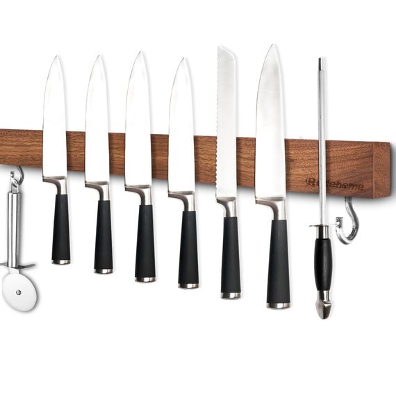 Magnetleiste Messer, Messerhalter magnetisch aus Walnussholz mit 2 Haken, 59cm Magnet Messerhalter Holz mit extra Starkem Magnet