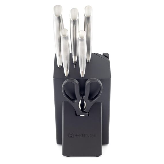 Hanseküche Messerblock Schwarz – 7-teiliges Messerset mit Messerhalter aus Holz und Schärfer Groß Block Messer Set Messerschärfer (Kautschukholz, mit Messern)