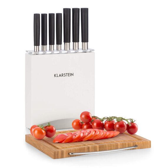 Klarstein 7-Teiliges Messer-Set mit Block, Küchenmesser, Holz-Messerblock & Schneidebrett, Scharfes Edelstahl, Kratzfest, Japanisch Inspiriertes Messerset mit Block, Weiß
