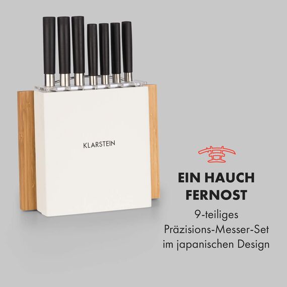 Klarstein 7-Teiliges Messer-Set mit Block, Küchenmesser, Holz-Messerblock & Schneidebrett, Scharfes Edelstahl, Kratzfest, Japanisch Inspiriertes Messerset mit Block, Weiß