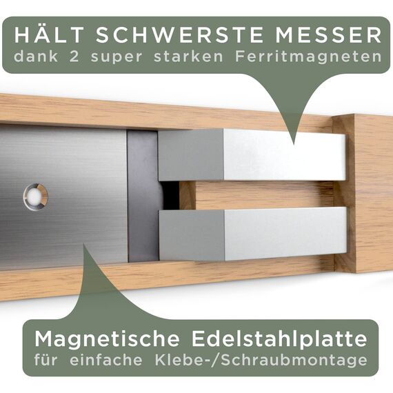 WALDWERK Magnetleiste Messer (40x5cm) - Magnetleiste aus edlem Eichenholz - Messerhalter magnetisch für schwere Messer - Messer Magnetleiste zum Kleben oder Schrauben - Magnet Messerhalter