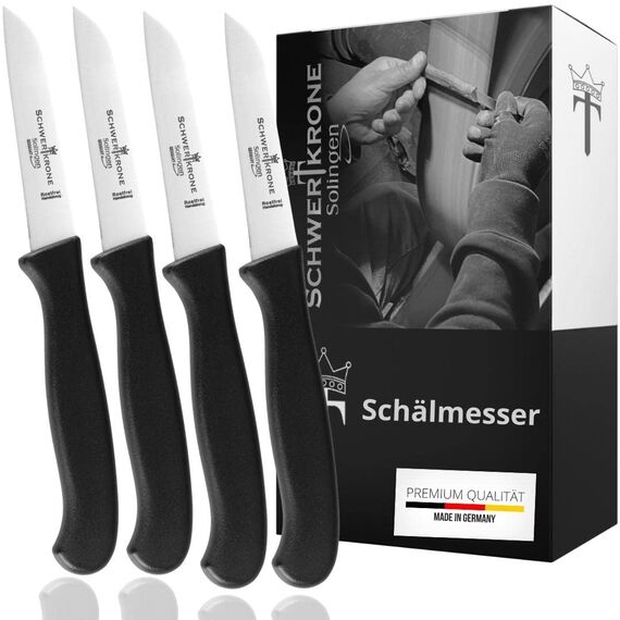 Schwertkrone® Schälmesser 4er Set [MADE IN SOLINGEN - GERMANY] - Gemüsemesser Obstmesser - Küchenmesser klein scharf - Schneidemesser Kartoffelschälmesser - Allzweckmesser rostfrei (4x7,5cm gerade)