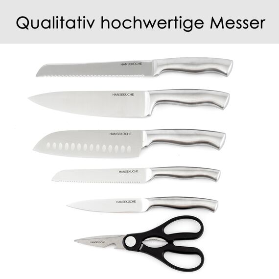 Hanseküche Messerblock Schwarz – 7-teiliges Messerset mit Messerhalter aus Holz und Schärfer Groß Block Messer Set Messerschärfer (Kautschukholz, mit Messern)