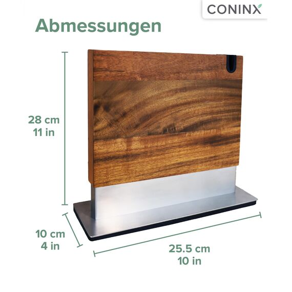 Coninx Magnetischer Messerblock mit integriertem Schärfer – Zweiseitiger Messerhalter aus Akazienholz – Universeller Messerständer mit rutschfester Basis für die Küchenarbeitsplatte